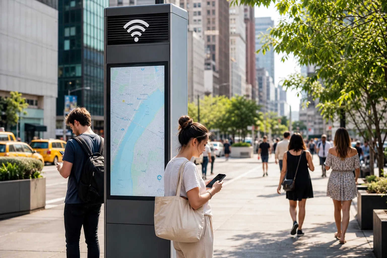 Modern public Wi-Fi kiosk-style stop on a sunny NYC sidewalk
