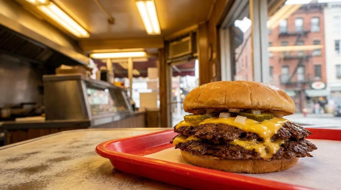 Smash burger with caramelized edges on a foil-lined tray in an East Village counter shop