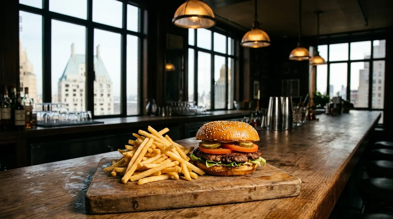 Classic burger and fries on a wooden board inside a hotel burger counter
