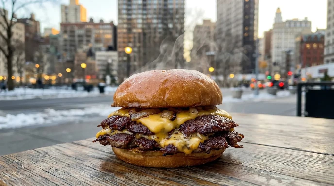 Classic smash burger with melted cheese and grilled onions on a toasted bun