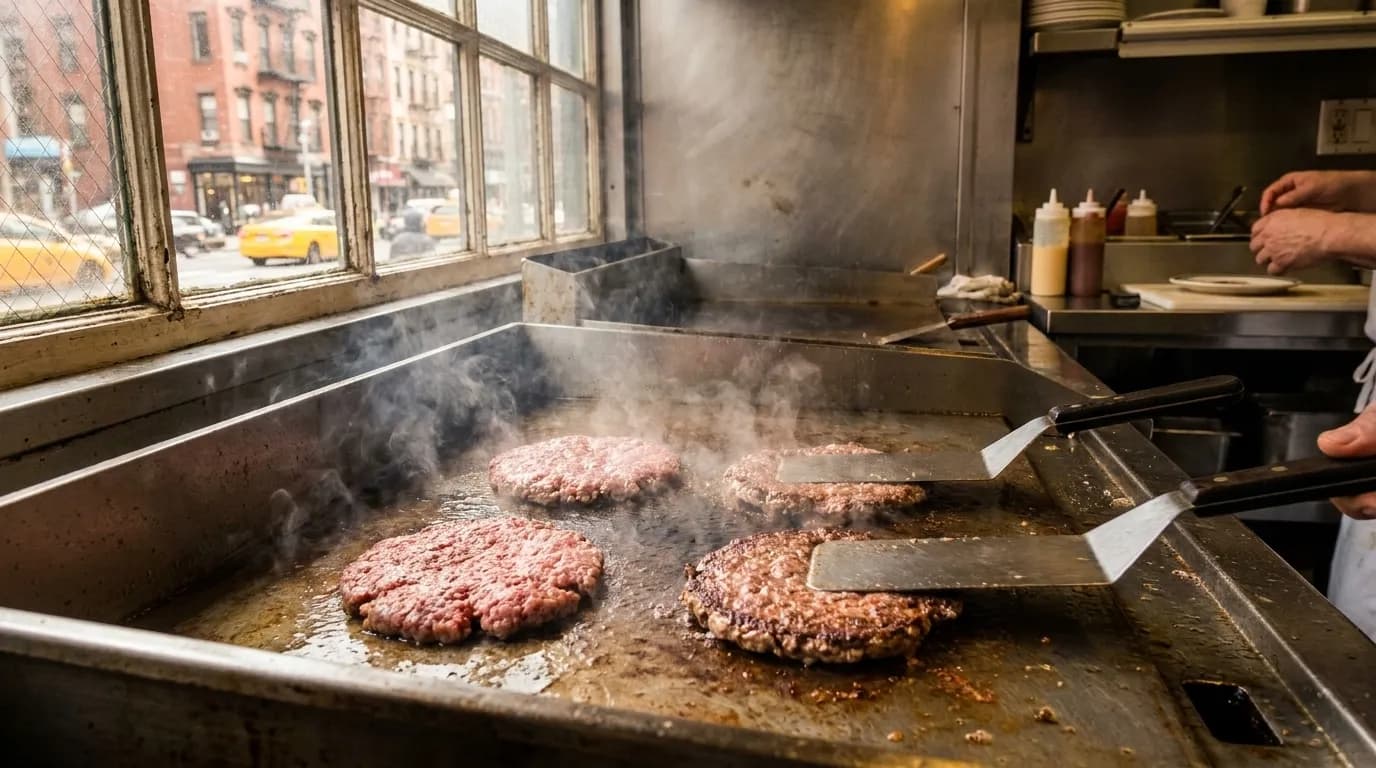 Burger patty sizzling on a flat-top griddle with spatula pressing down