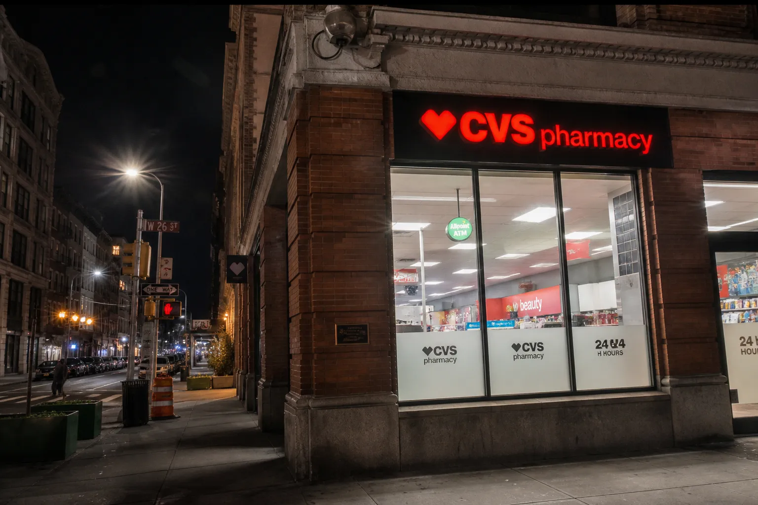 Quiet street view of the Chelsea CVS entrance on 9th Avenue illuminated in the early morning hours.