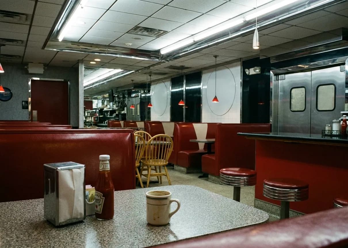 The interior of a diner at four in the morning with an empty vinyl booth, a formica table holding a napkin dispenser and a half-full coffee cup