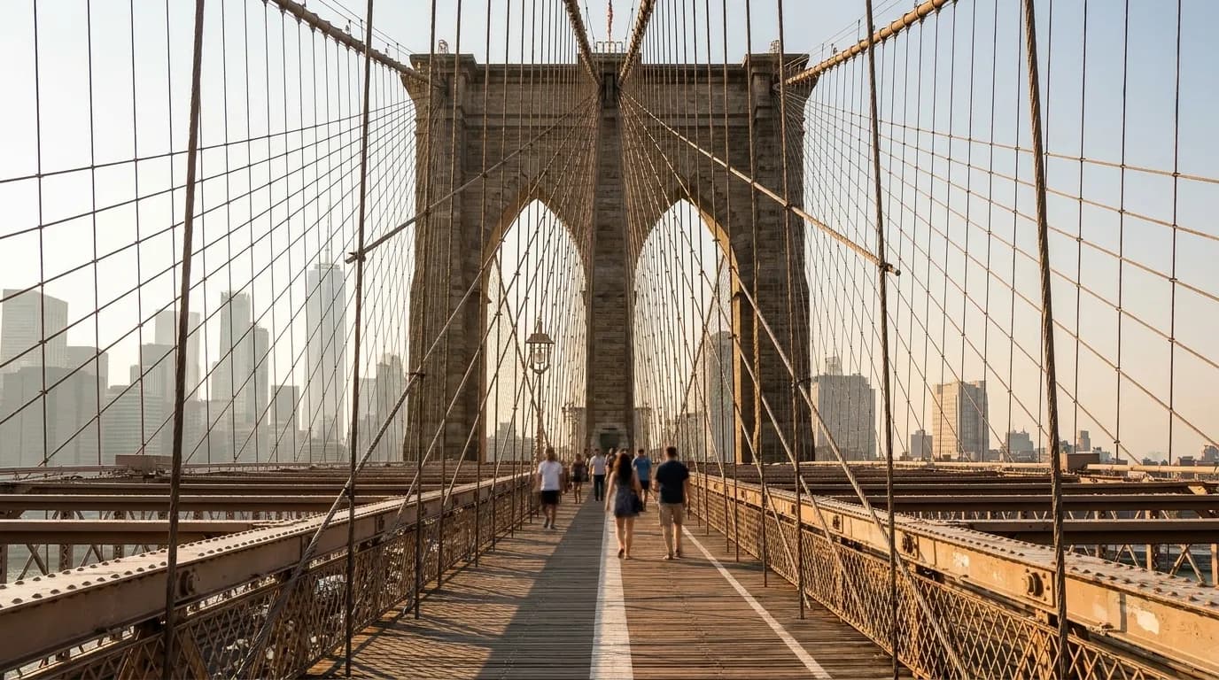 Pedestrian walkway on the Brooklyn Bridge with Manhattan skyline visible through suspension cables on a summer afternoon