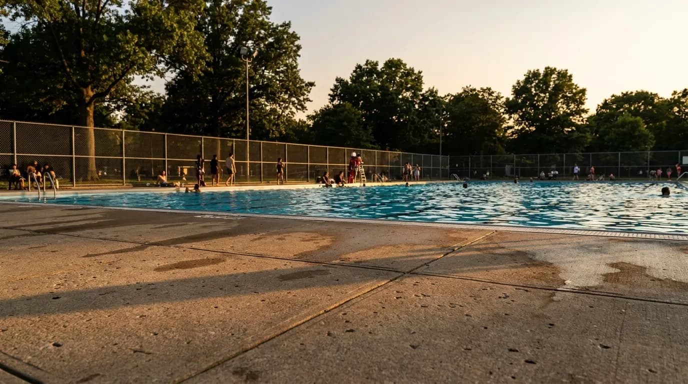 McCarren Park public pool in Greenpoint Brooklyn during early evening with trees and park visible beyond the fence