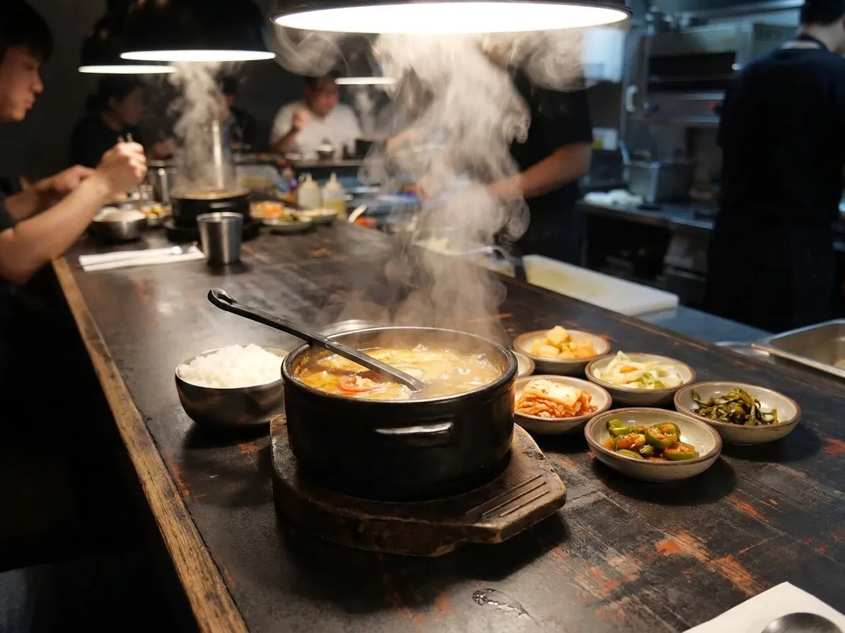 A bubbling earthenware pot of stew on a metal trivet at a late-night counter with a bowl of rice and small side dishes around it