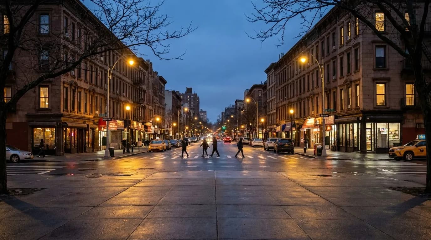 Frederick Douglass Boulevard in Harlem at night with streetlights and brownstone storefronts