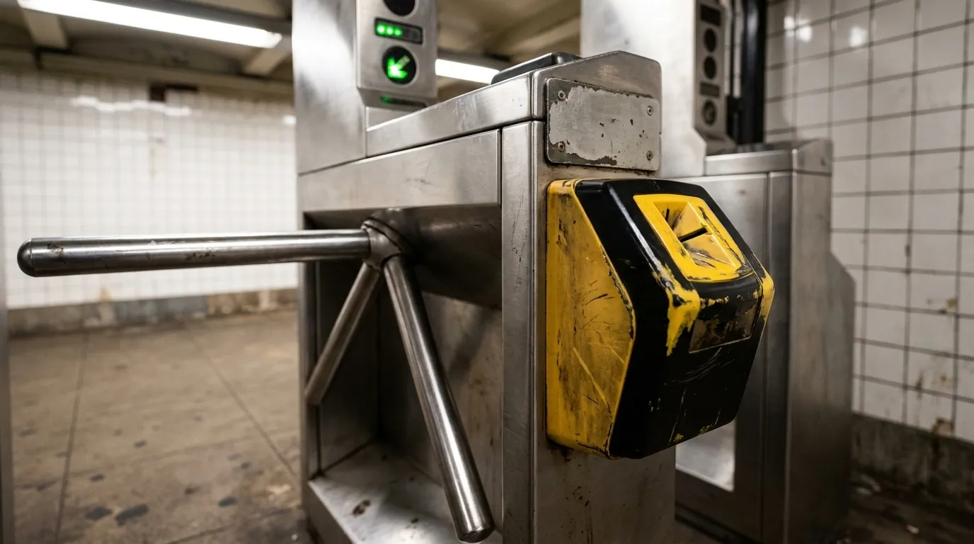 Subway turnstile and MetroCard reader in a Manhattan station