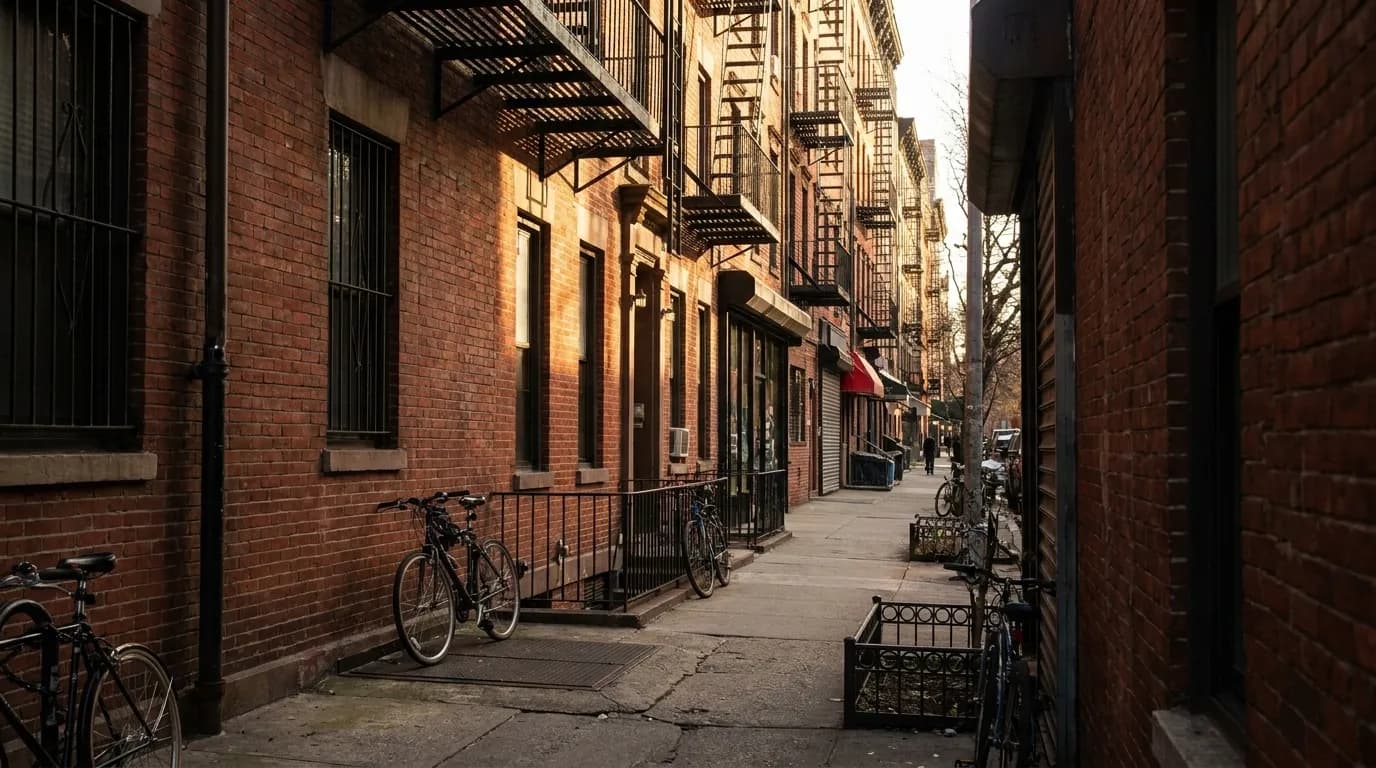 Narrow sidewalk with brick tenements and fire escapes in the East Village