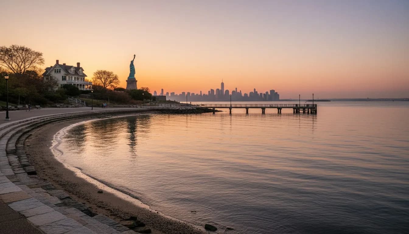 Realistic editorial view of Alice Austen Park Shoreline in New York City