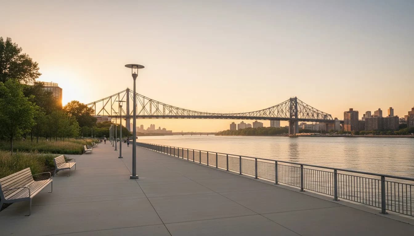 Realistic editorial view of Andrew Haswell Green Park in New York City