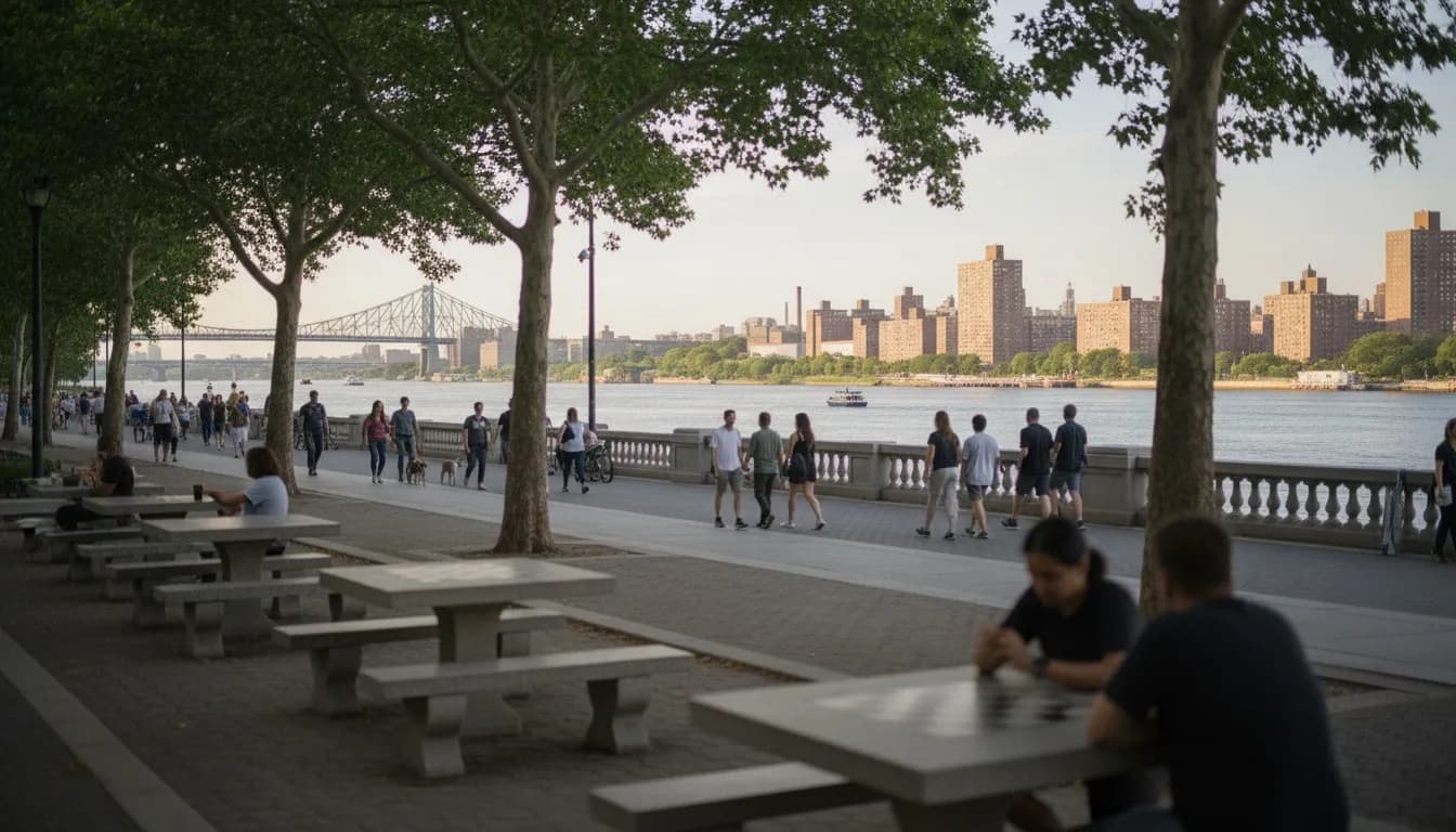 Realistic editorial view of Andrew Haswell Green Park in New York City
