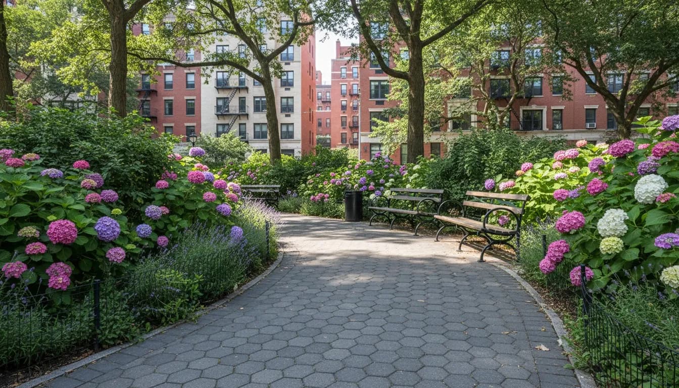 Realistic editorial view of Andrew Haswell Green Park in New York City