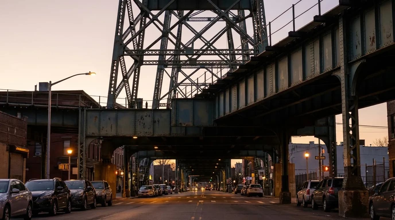 Elevated N train tracks over Fifth Avenue in Sunset Park at dusk with streetlights glowing
