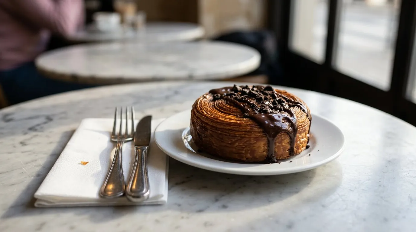 Close-up of a glazed disc-shaped filled croissant on a plate with a fork and knife