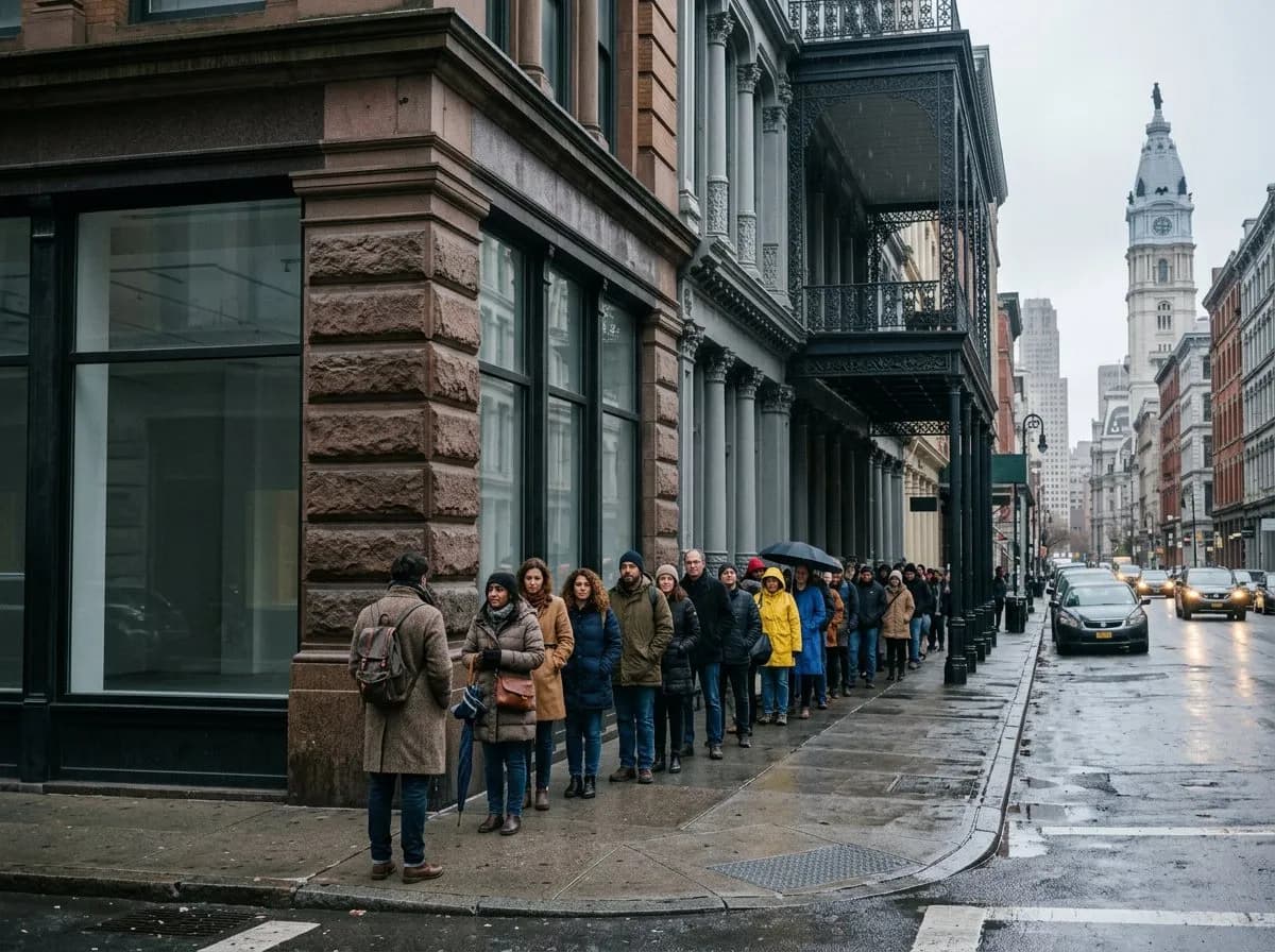 People queuing on a city sidewalk outside a corner café storefront in the morning