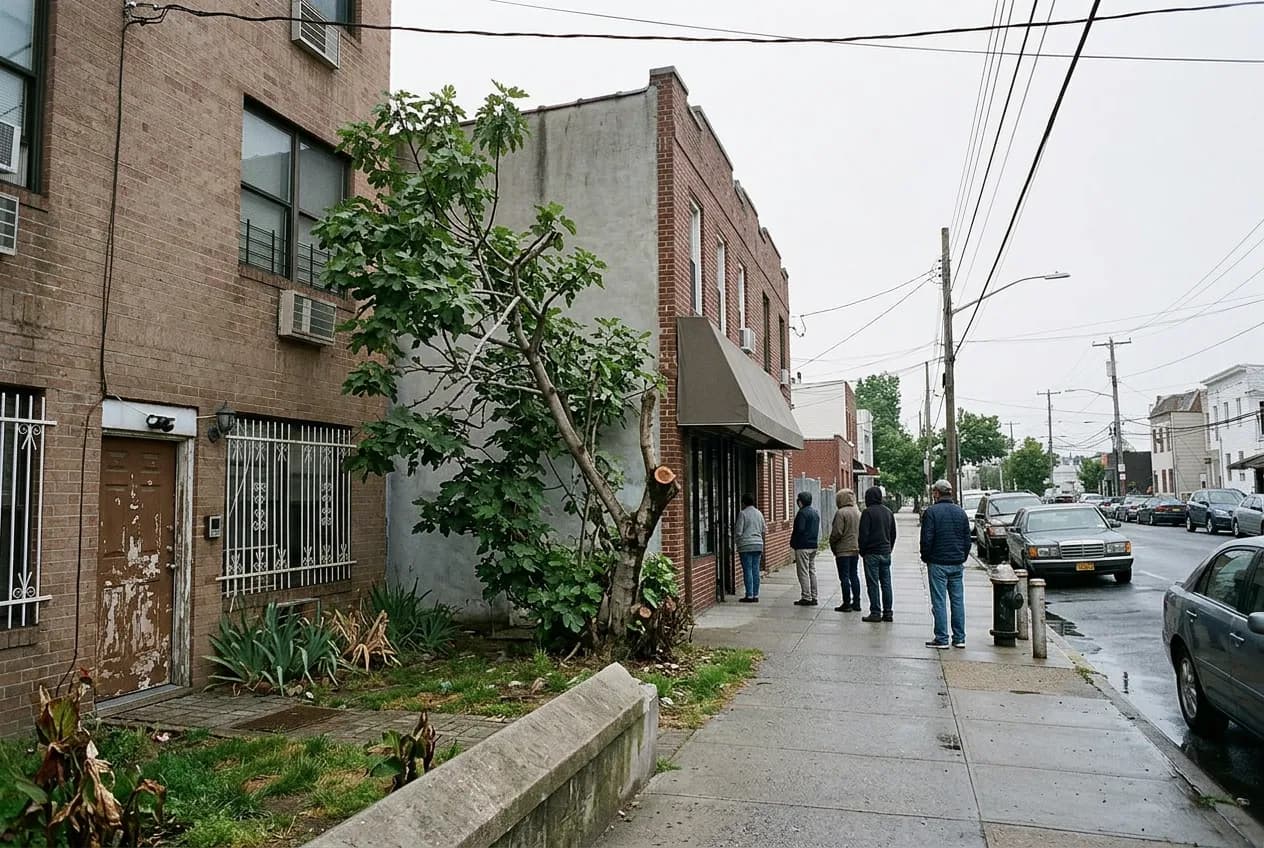 Morning line outside a small Greenpoint bakery storefront on a quiet Brooklyn street