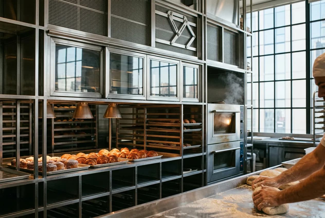 Trays of croissants and morning buns inside an open bakery kitchen