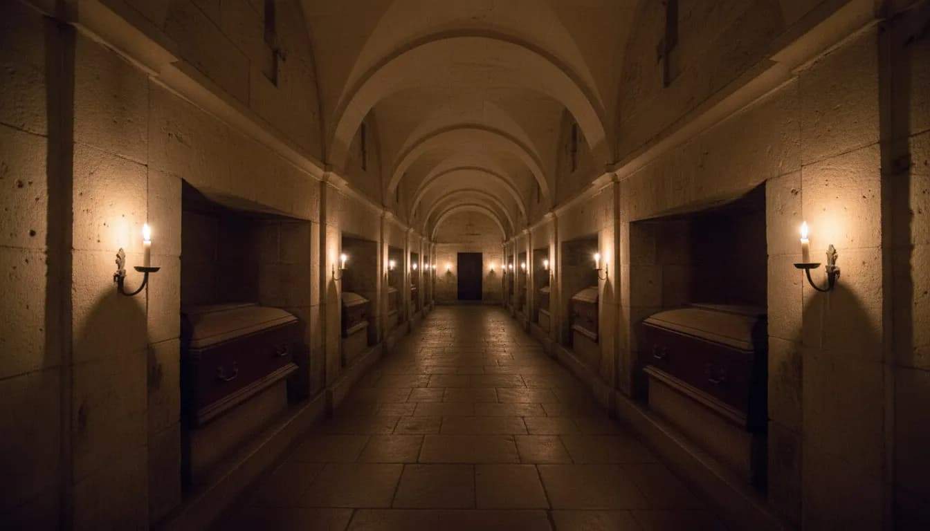 Realistic editorial view of Basilica of St. Patrick’s Old Cathedral Catacombs in New York City