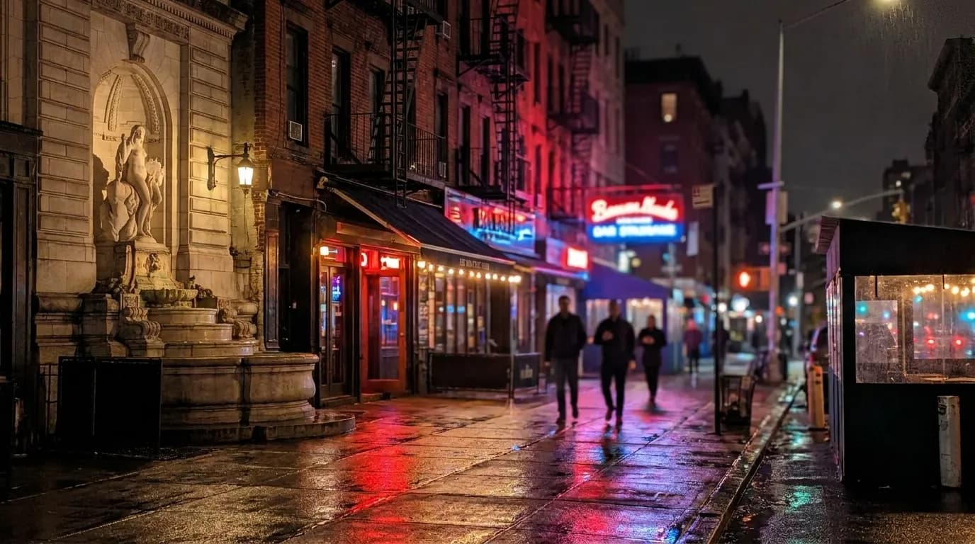 Neon-lit East Village street at night with bar awnings and reflections on wet pavement