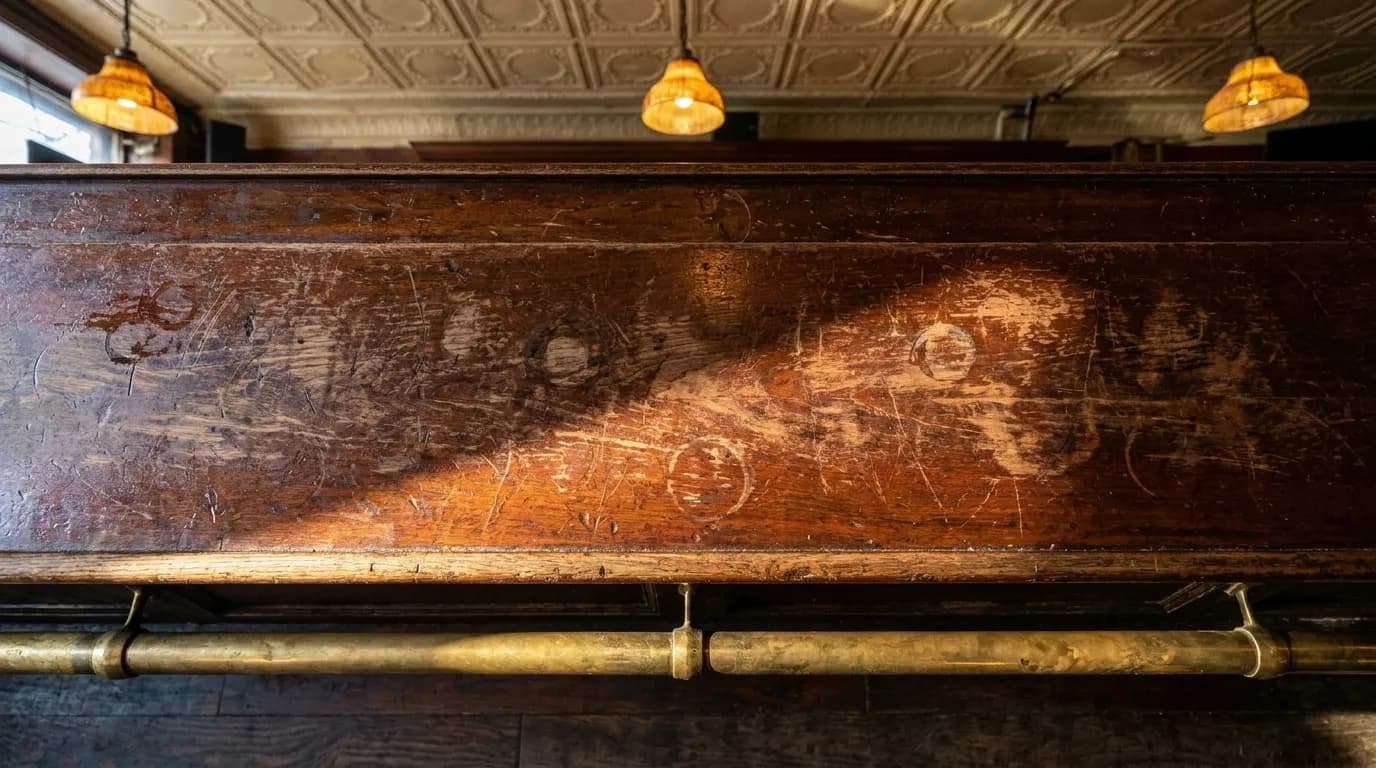 Worn wooden bar top and tin ceiling detail inside a classic New York tavern