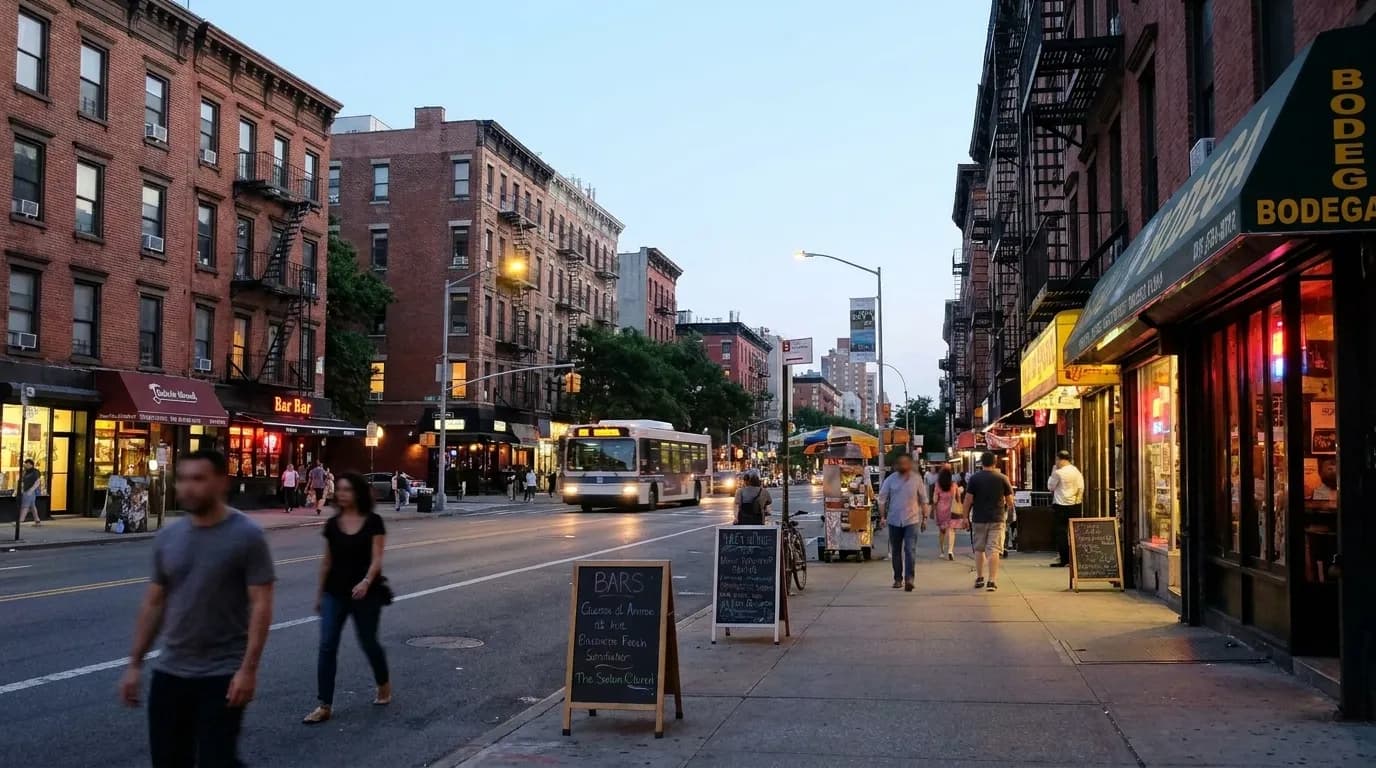 Second Avenue in the East Village at dusk with storefronts and early evening pedestrians