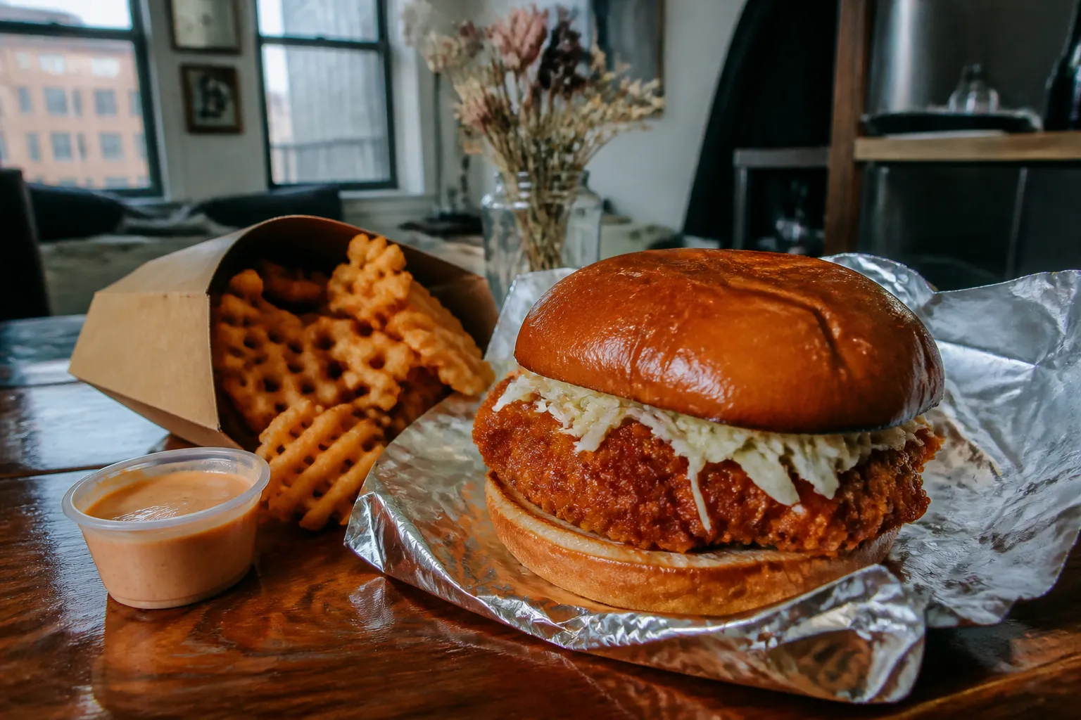 A crispy golden chicken sandwich with pickles on a toasted bun next to waffle fries on a rustic surface.