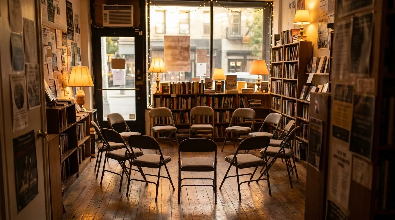 Warm evening light in a small East Village bookstore interior with folding chairs arranged for an event