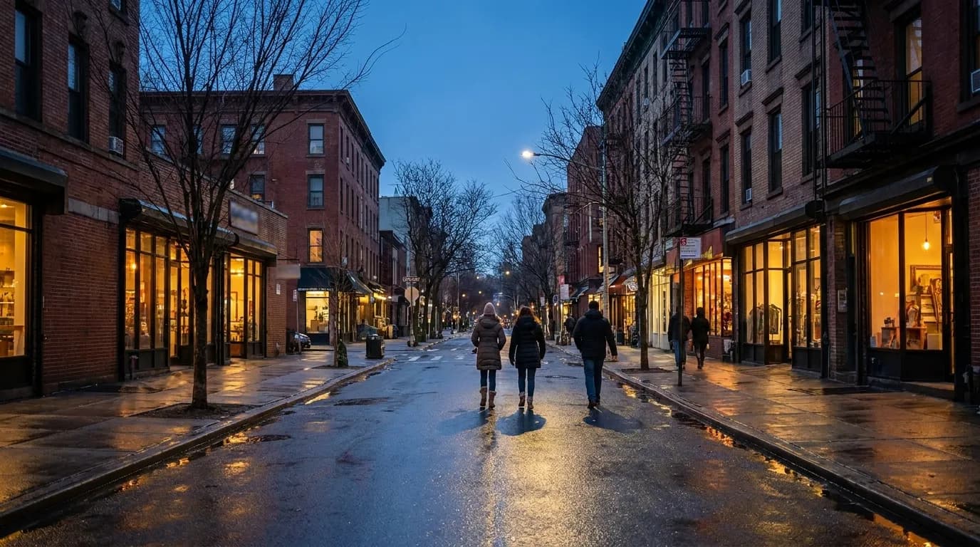 Manhattan Avenue in Greenpoint at evening with glowing storefronts and quiet sidewalk