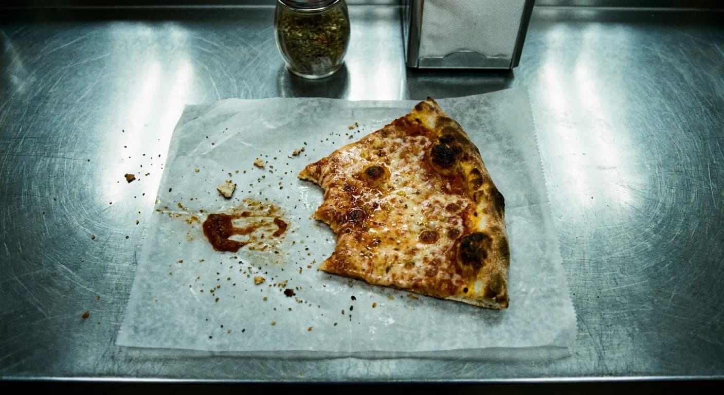 A single New York cheese slice on wax paper on a metal counter