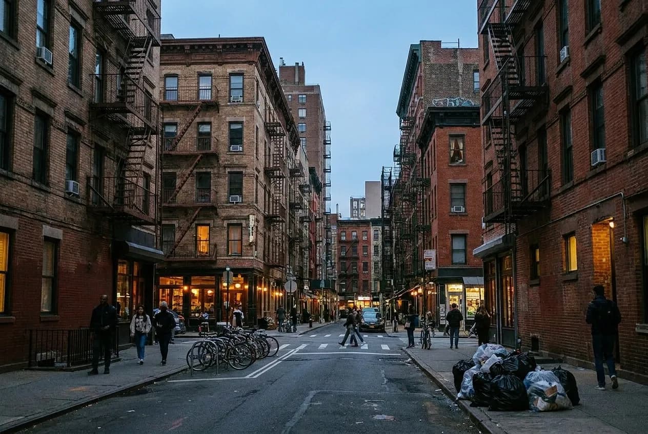 A First Avenue block in Manhattan's East Village with tenement buildings and ground-floor restaurants