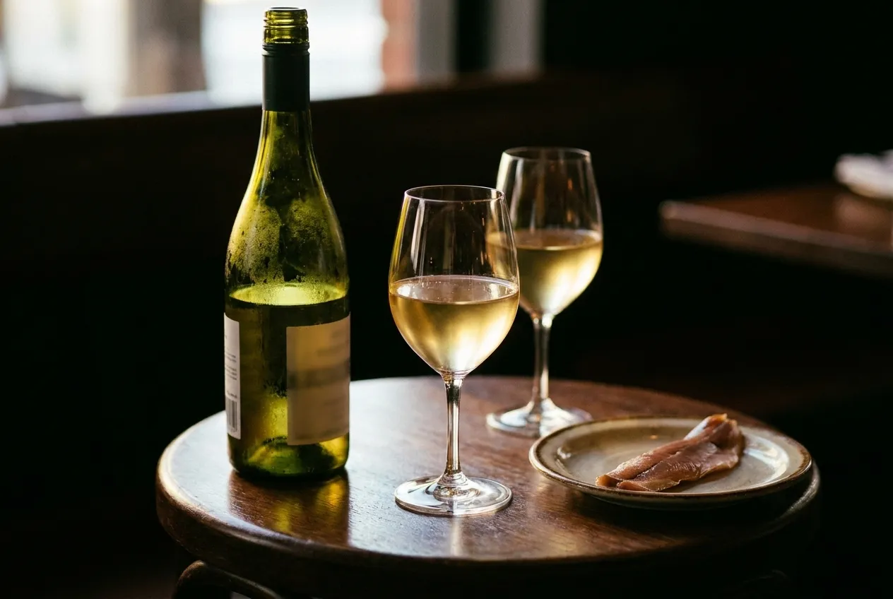 A bottle of riesling and two glasses on a small dark restaurant table