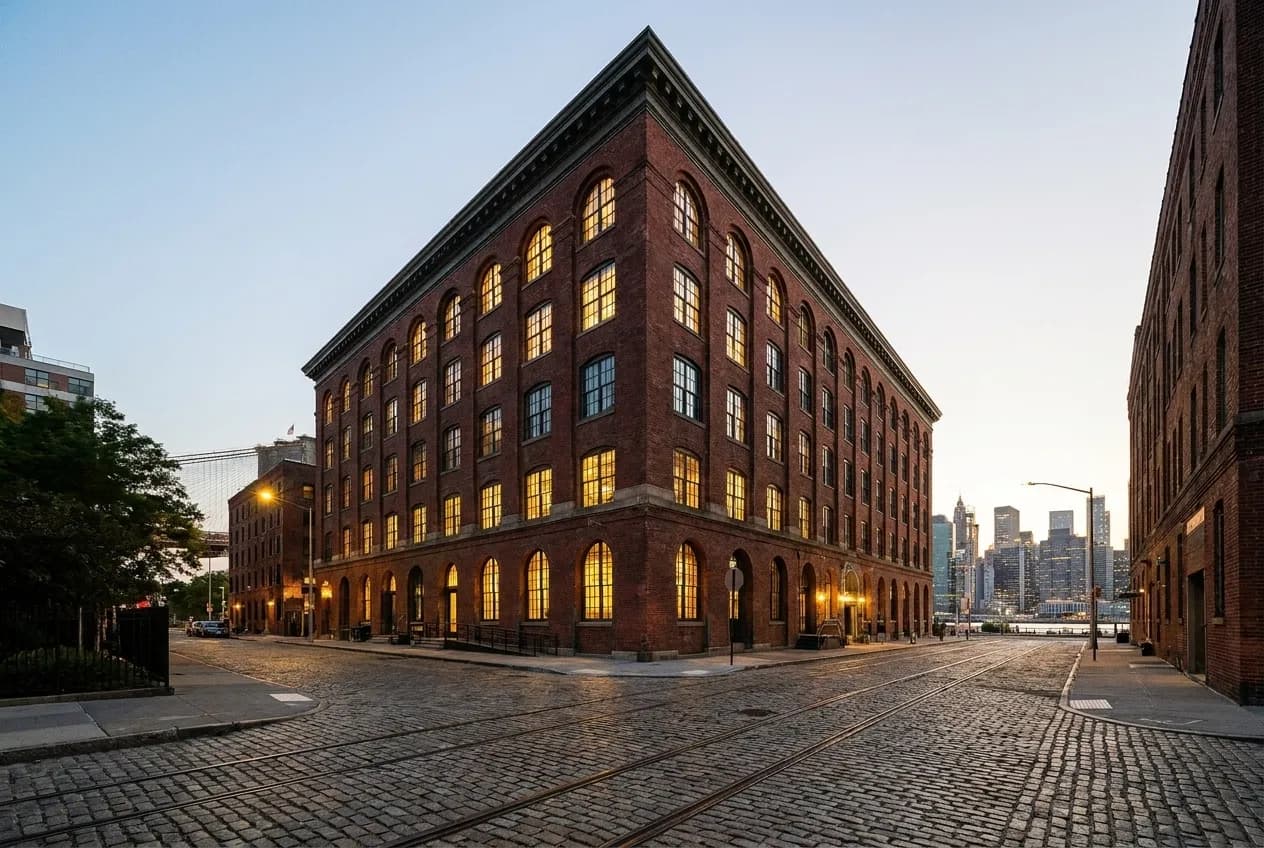 A converted brick factory building on the Williamsburg waterfront with tall windows at dusk