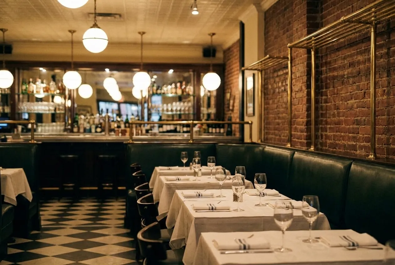 A brasserie dining room with globe lights, banquettes and white paper-topped tables