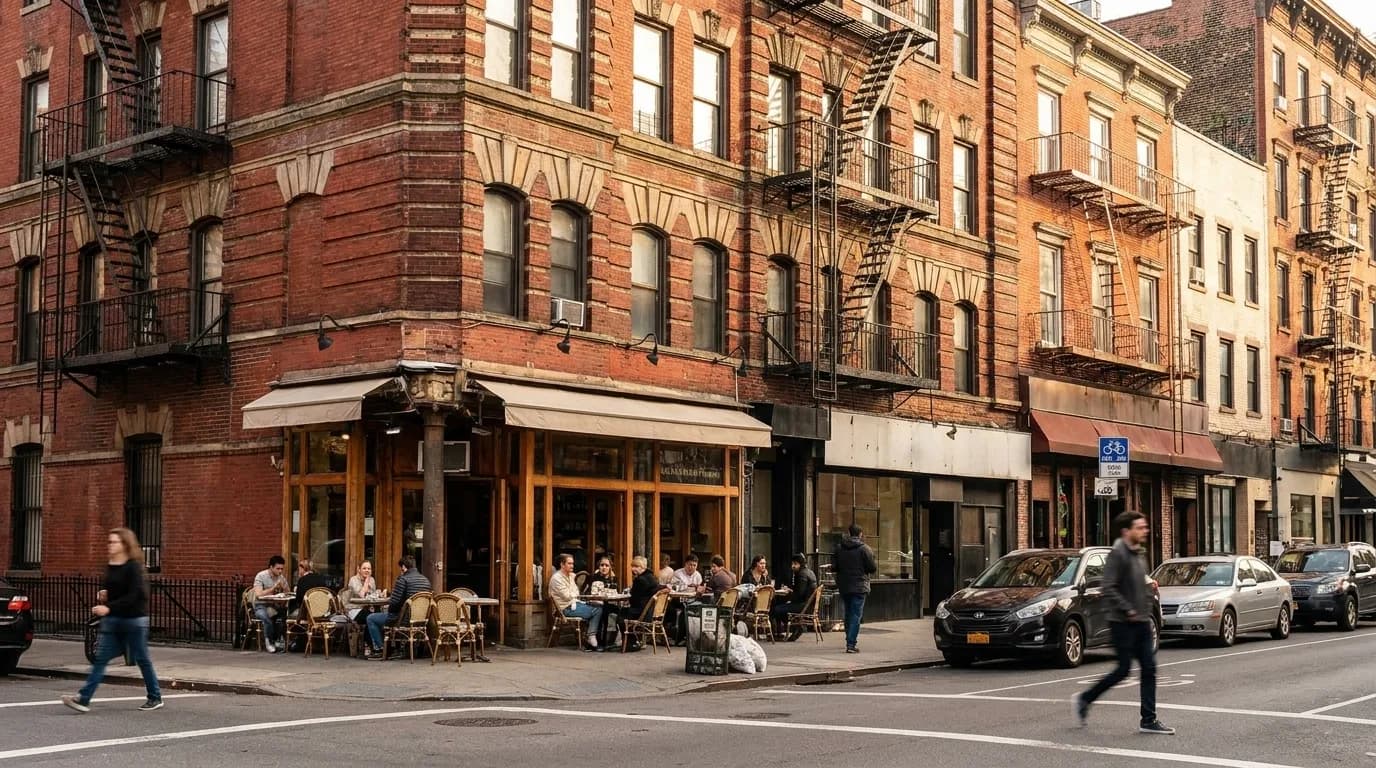 Greenwich Avenue sidewalk in the West Village with cafe tables and brick townhouses