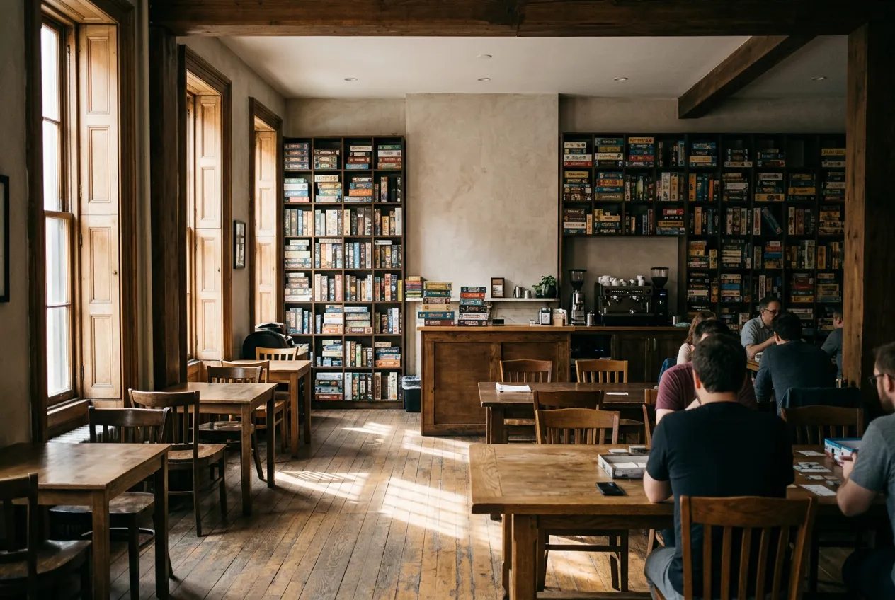 Wooden tables set with board games under warm light inside a Brooklyn game cafe's counter area