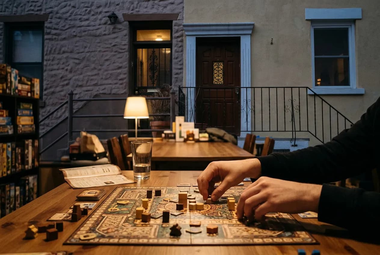 Close view of hands arranging game pieces on a wooden table lit by a low lamp