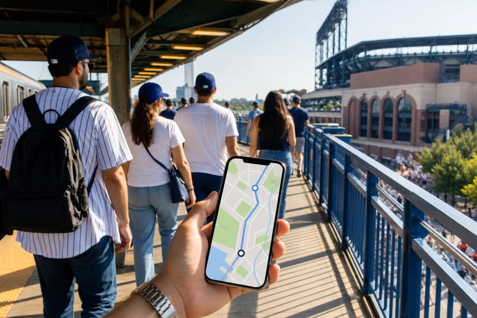 Fans walking along an elevated Queens transit route while checking a map on a phone