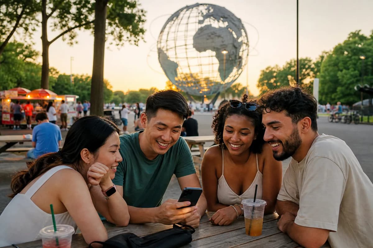 Friends checking a route near the Unisphere area in Flushing Meadows Corona Park at golden hour
