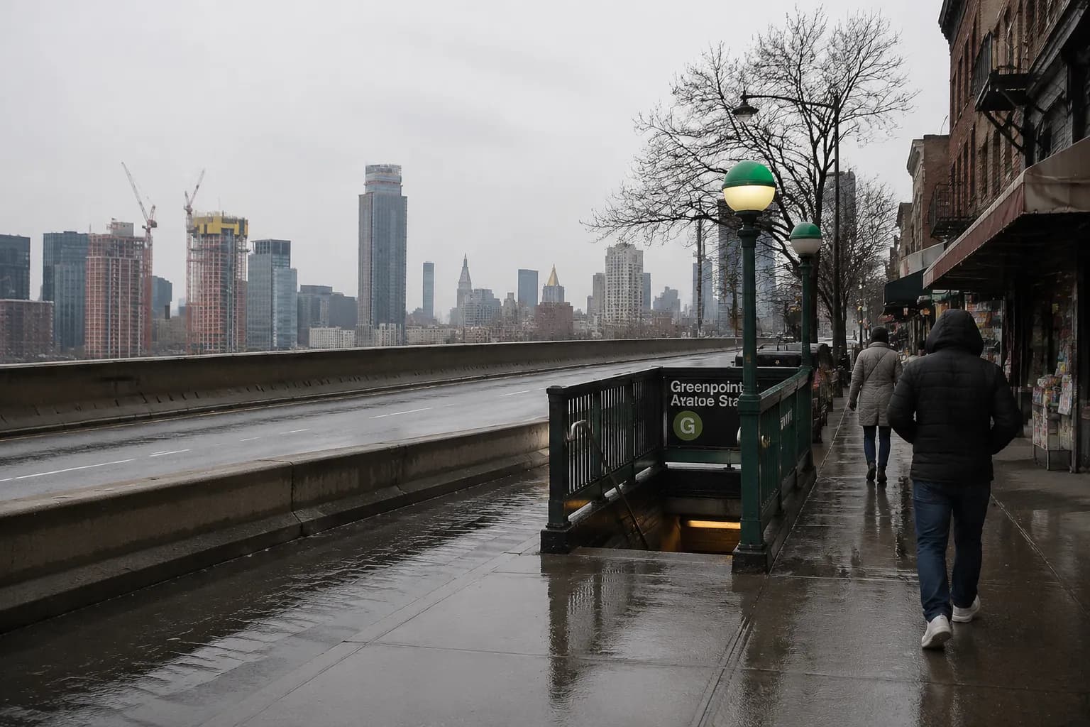 Greenpoint Avenue subway entrance in Brooklyn on an overcast afternoon