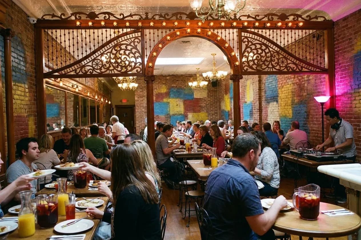 A lively brunch room with a DJ set up in the corner, carafes of orange juice on tables and a mixed crowd mid-afternoon