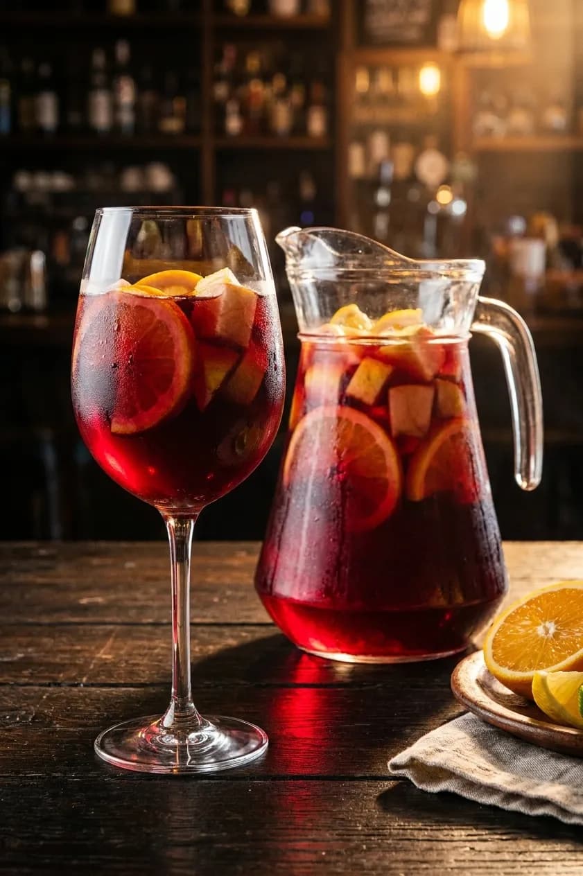 A glass jug of red sangria with citrus slices beside two filled glasses on a dark table, condensation running down