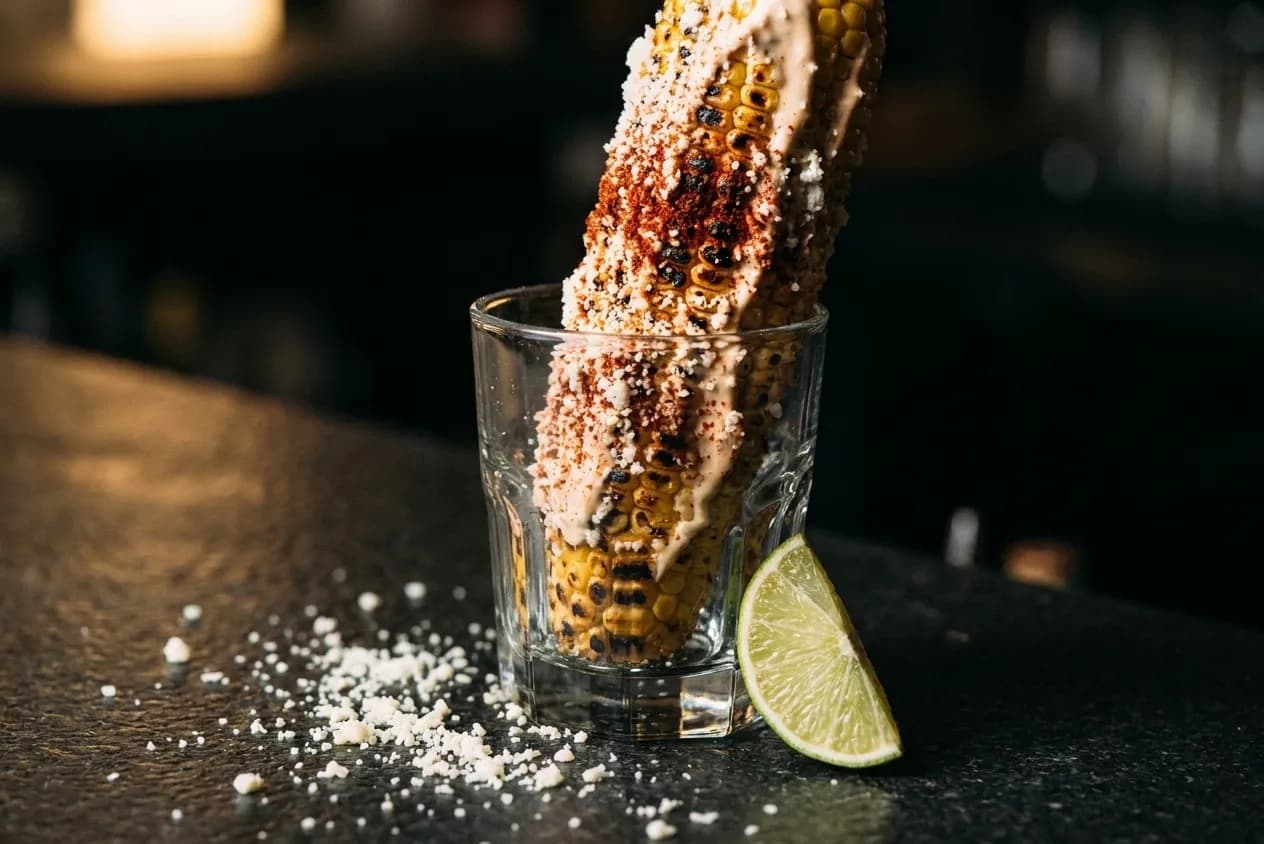 Grilled corn rolled in crema and crumbled cheese with chilli powder, held upright in a glass on a bar counter
