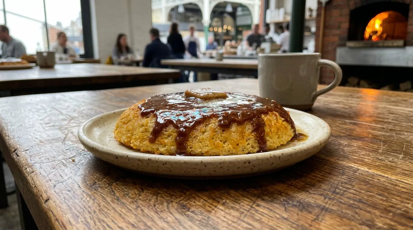 Skillet pancake coated in hazelnut praline with brown butter and syrup on a wood table