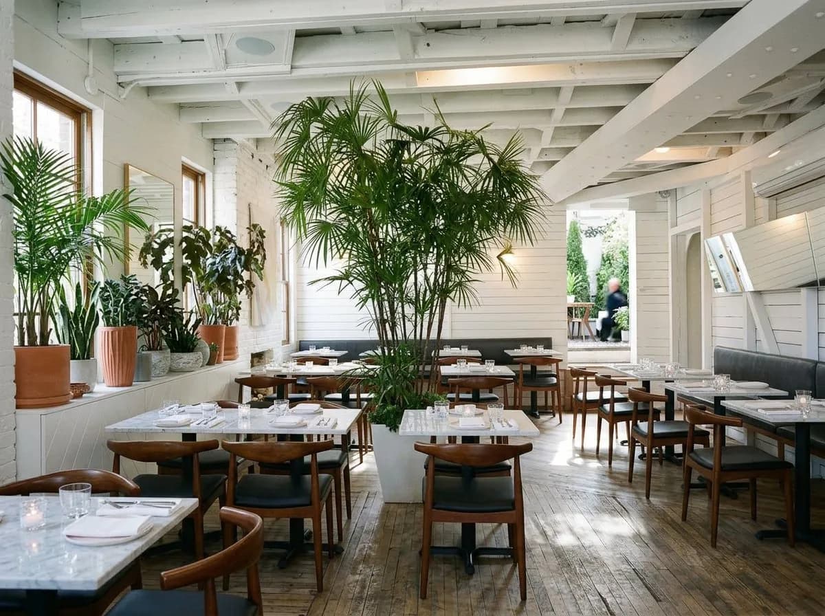 Whitewashed upstairs dining room with palm trees and daylight over wooden tables