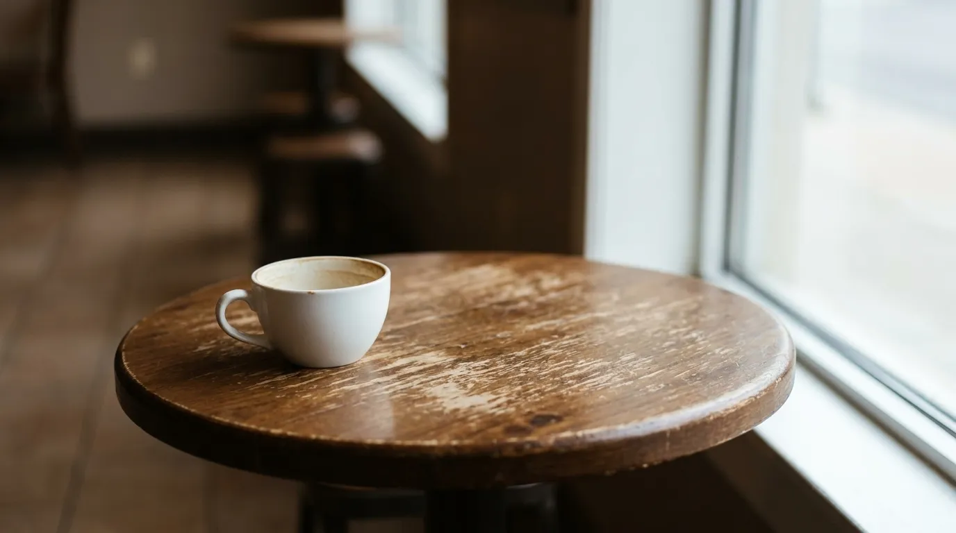 Coffee cup on a worn wooden table near a café window in Brooklyn