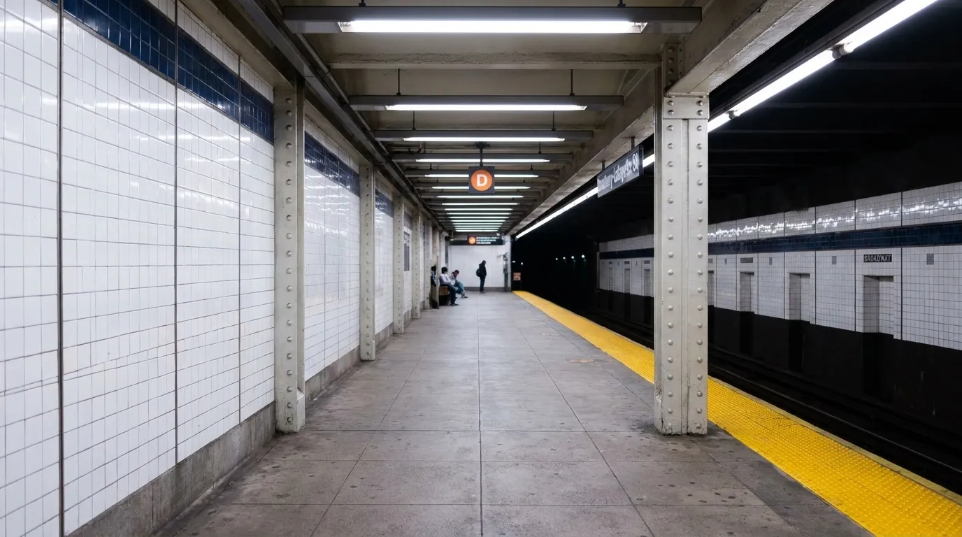 Broadway-Lafayette subway platform at night with D train signage and waiting passengers