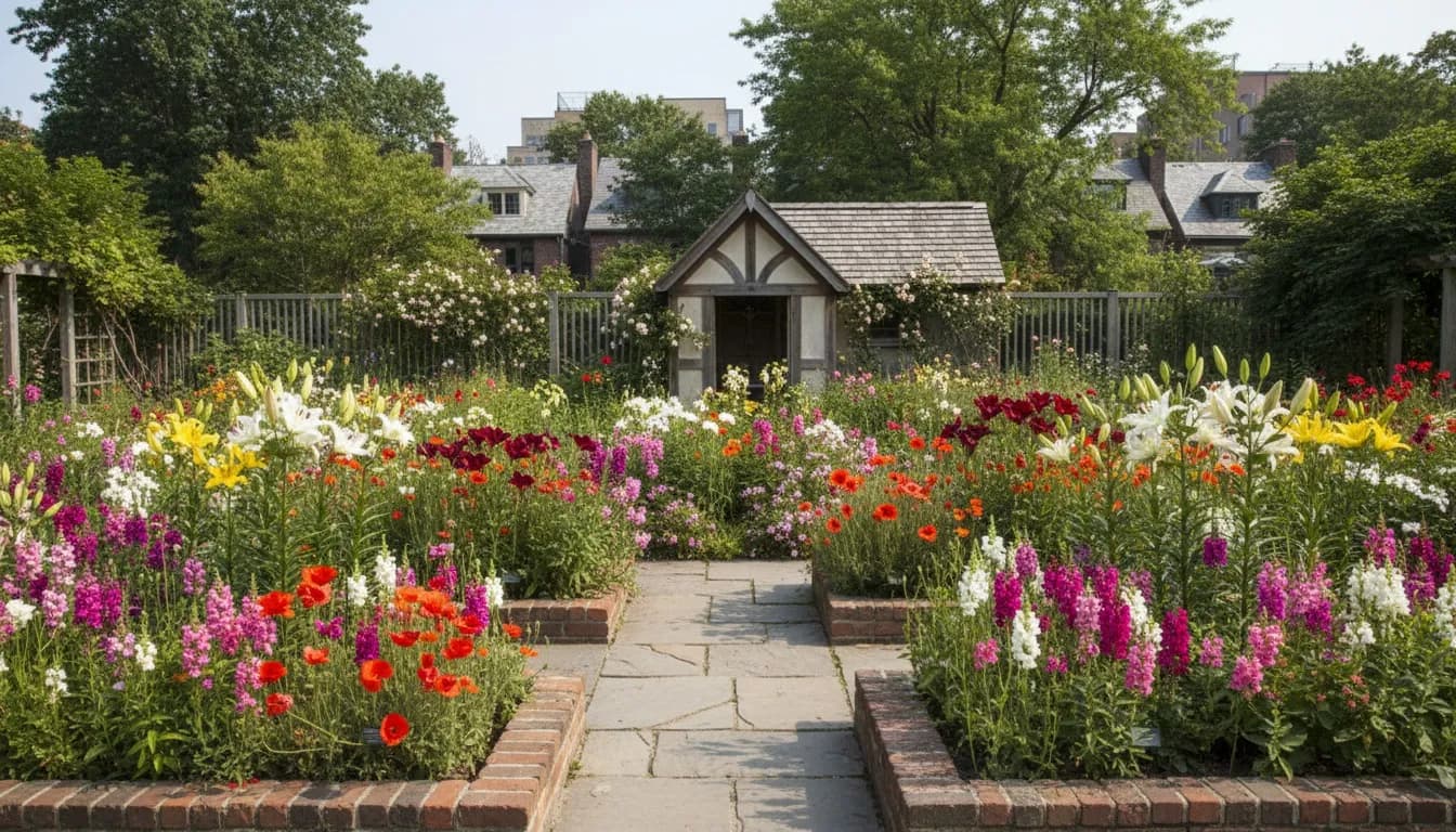 Realistic editorial view of Brooklyn Botanic Garden Shakespeare Garden in New York City