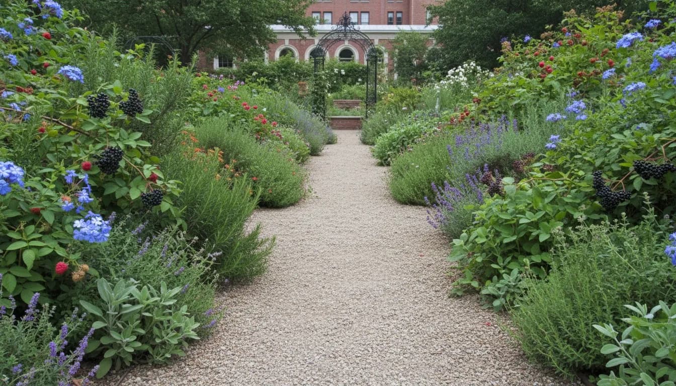 Realistic editorial view of Brooklyn Botanic Garden Shakespeare Garden in New York City