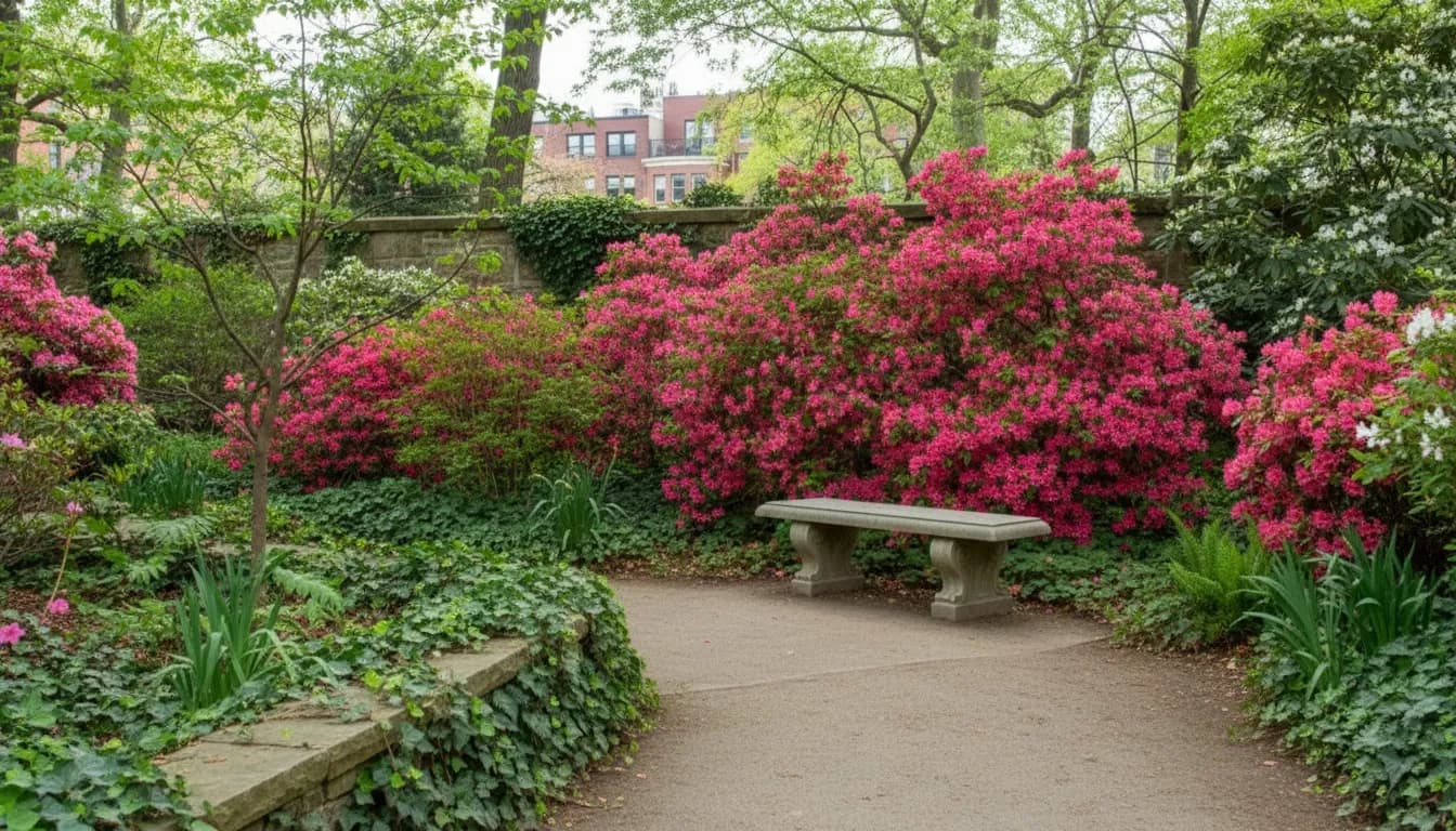 Realistic editorial view of Brooklyn Botanic Garden Shakespeare Garden in New York City